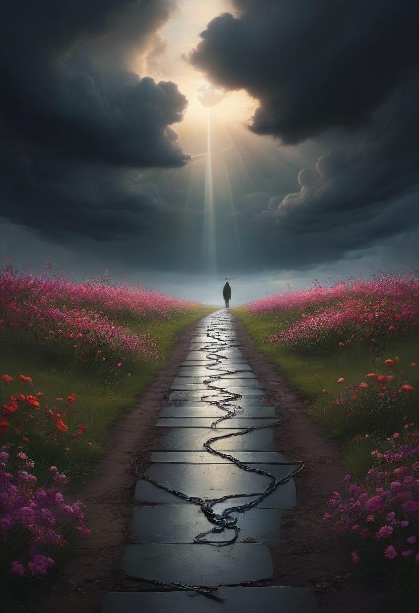 A person standing at a crossroads, surrounded by dark clouds and a faint light breaking through, symbolizing hope amid despair. The paths are represented as twisting vectors leading in various directions, adorned with symbolic elements like broken chains and blossoming flowers. A distant horizon suggests a brighter future. The overall tone is melancholic yet hopeful. super-realistic. vibrant colors. soft focus.