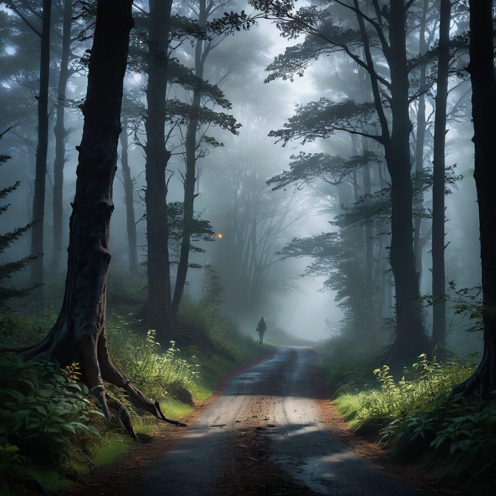 A dramatic landscape featuring a winding road through a dense, foggy forest, symbolizing a journey filled with obstacles. A shadowy figure stands at the road's edge, looking contemplative as dark clouds loom overhead and rays of sunlight break through in the distance, hinting at hope. Include subtle imagery of broken chains representing despair transforming into bright flowers as they bloom along the path. moody atmosphere. super-realistic. vibrant colors.