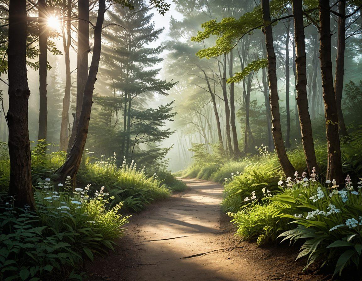 A serene landscape depicting a gentle path through a tranquil forest, with soft, diffused sunlight filtering through the trees. Alongside the path, subtle symbols of hope such as blooming flowers and fluttering butterflies can be seen, representing healing and renewal. In the background, silhouettes of mountains evoke a sense of journey and introspection. The overall atmosphere is calming and reflective, inviting viewers to explore their emotions. soft painting. muted colors.